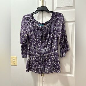 Alice + Olivia Purple Floral/Geometric Ruffle Sleeve Tie Front Silk Top